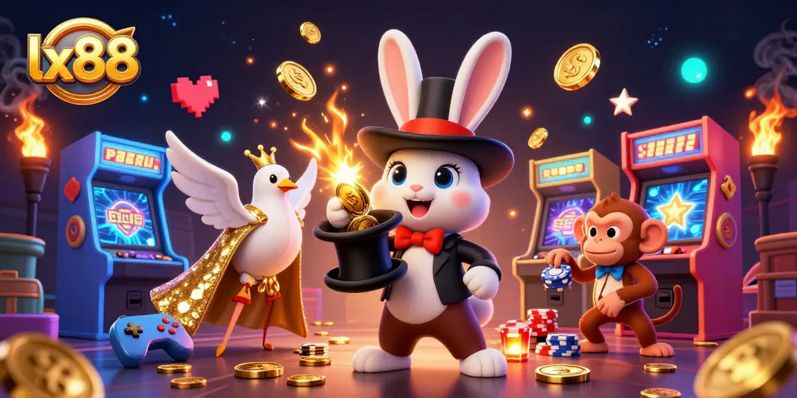 Experience thrilling gambling moments with lx88, showcasing a magical 3D rabbit, coins, and engaging game elements.